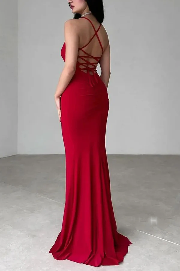 Vestido de fiesta ajustado con tirantes finos en forma de barco y lazo