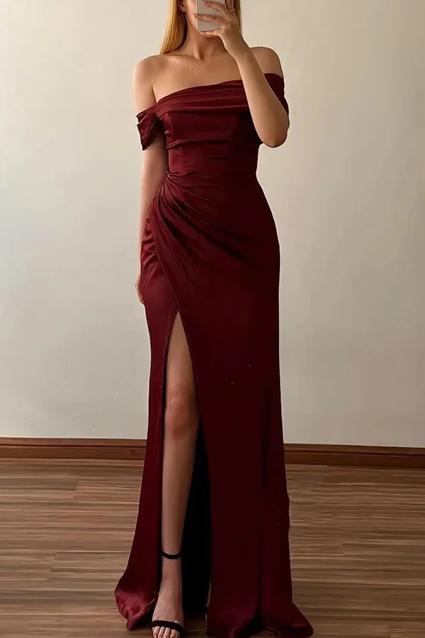 Vestido de noche para fiesta, ajustado, con hombros descubiertos, plisado y abertura lateral