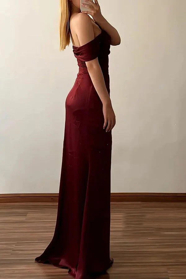 Vestido de noche para fiesta, ajustado, con hombros descubiertos, plisado y abertura lateral