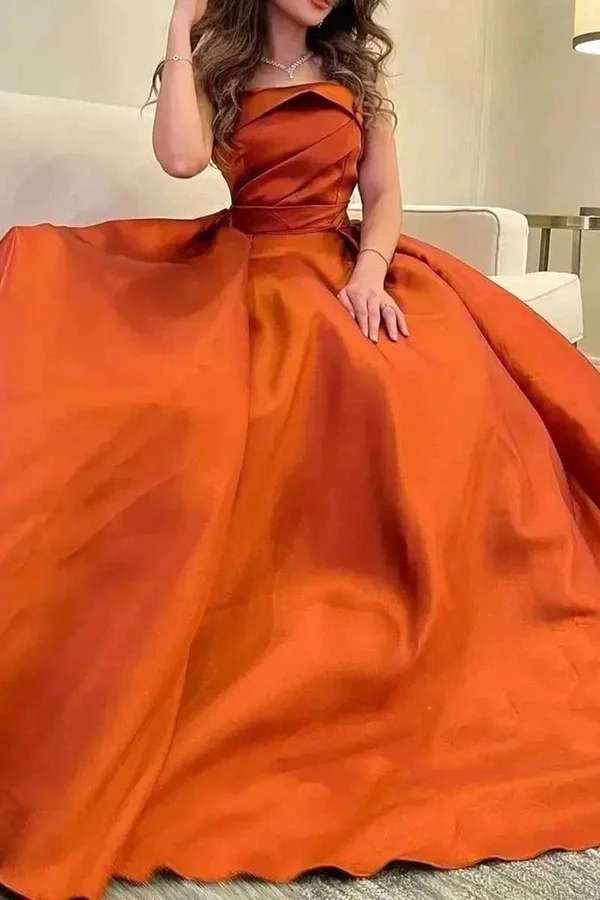 Vestido de fiesta de baile con pliegues estilo imperio, sin tirantes y en forma de A