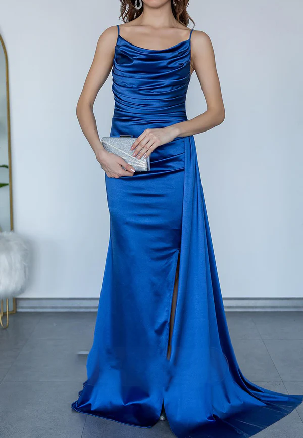 Vestido de noche para fiesta, baile, satén, acampanado, con tirantes finos, plisado y abertura lateral