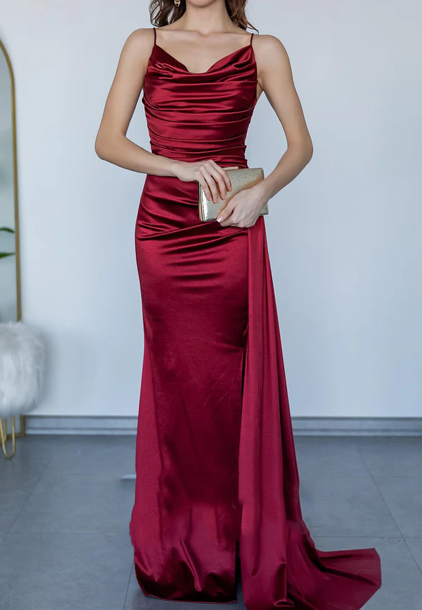 Vestido de noche para fiesta, baile, satén, acampanado, con tirantes finos, plisado y abertura lateral