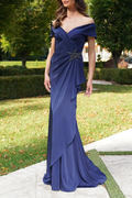 Dark Navy Off-the-Shoulder Satin Floor-Length Gown with Beaded Draped Bodice