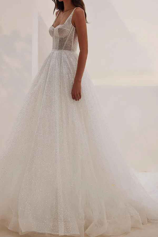Vestido de novia de fantasía con lentejuelas, escote en forma de A, tirantes finos y escote corazón