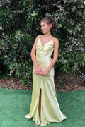 Pale Yellow Satin Spaghetti Strap Mermaid Gown