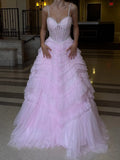 Dreamy Ballgown Sweetheart Spaghetti Strap Lace Up Back Pink Long Prom Dress