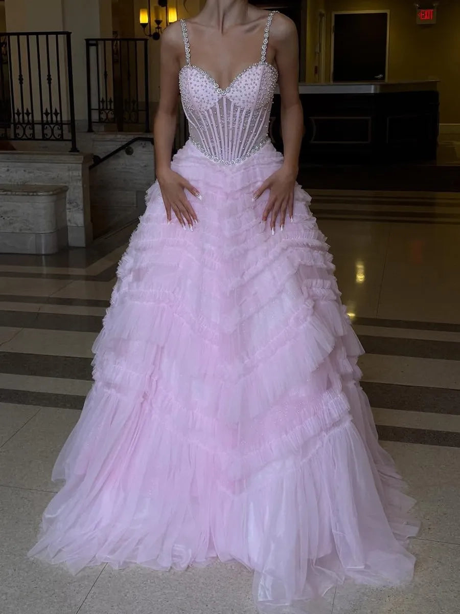 Dreamy Ballgown Sweetheart Spaghetti Strap Lace Up Back Pink Long Prom Dress