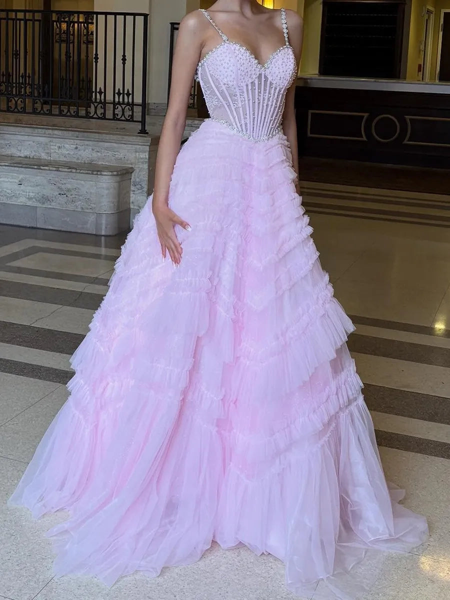 Dreamy Ballgown Sweetheart Spaghetti Strap Lace Up Back Pink Long Prom Dress