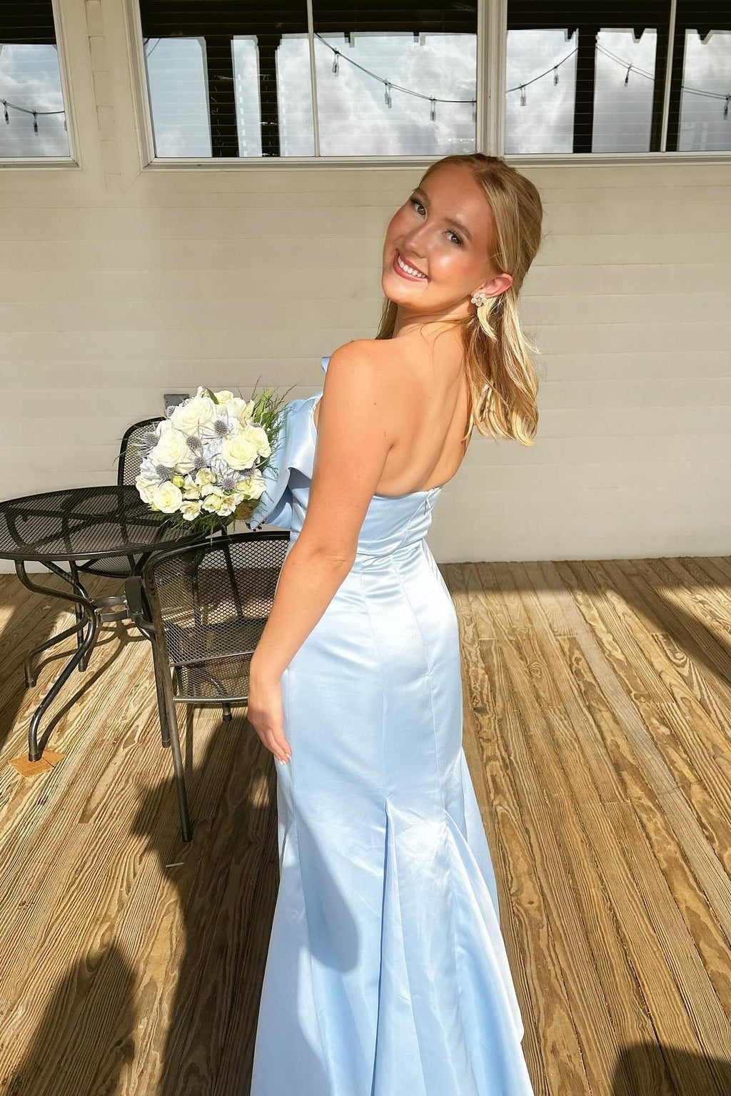 Chic Mermaid Strapless Large Bow Light Blue Satin Long Prom Dress
