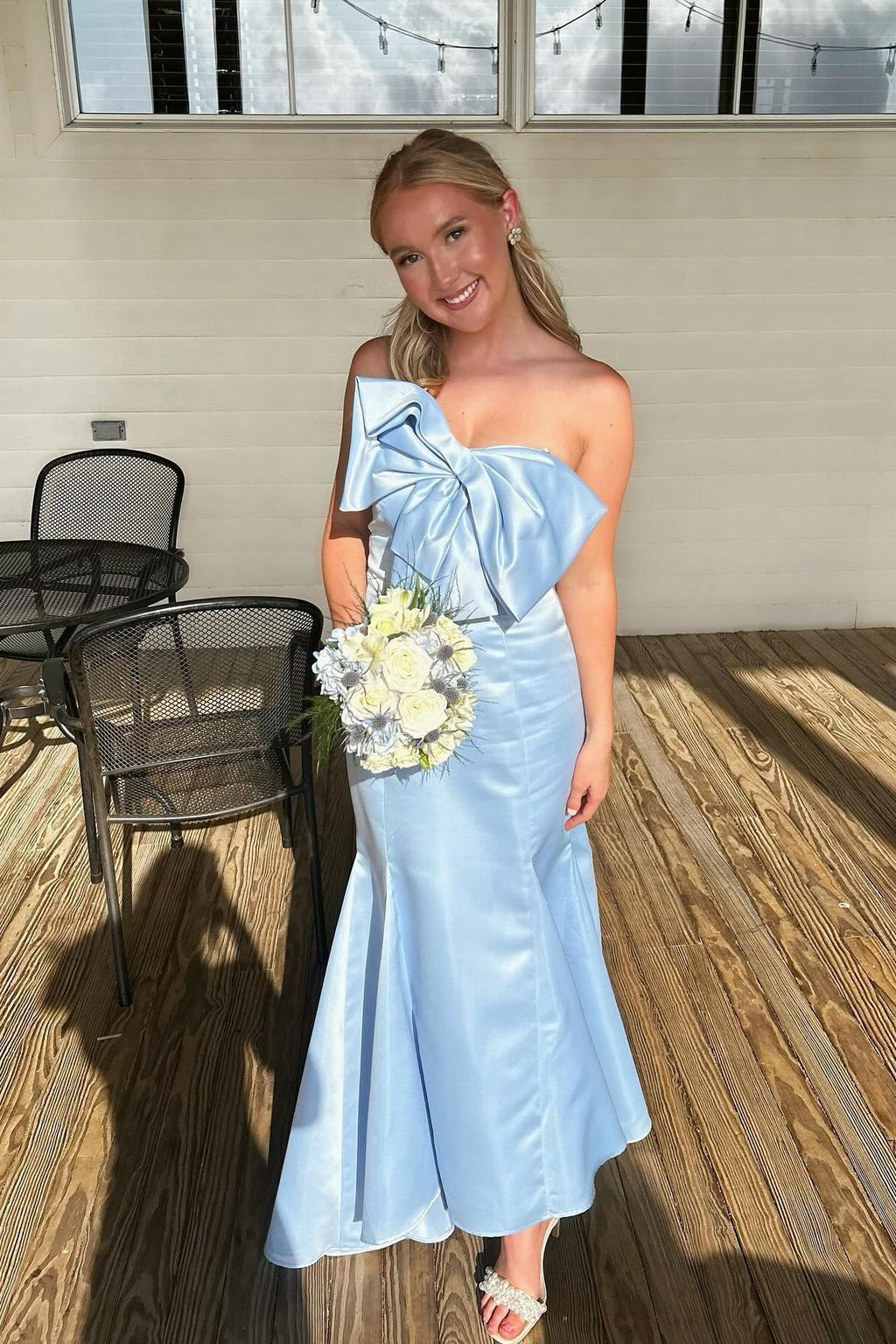 Chic Mermaid Strapless Large Bow Light Blue Satin Long Prom Dress
