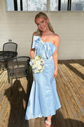 Chic Mermaid Strapless Large Bow Light Blue Satin Long Prom Dress