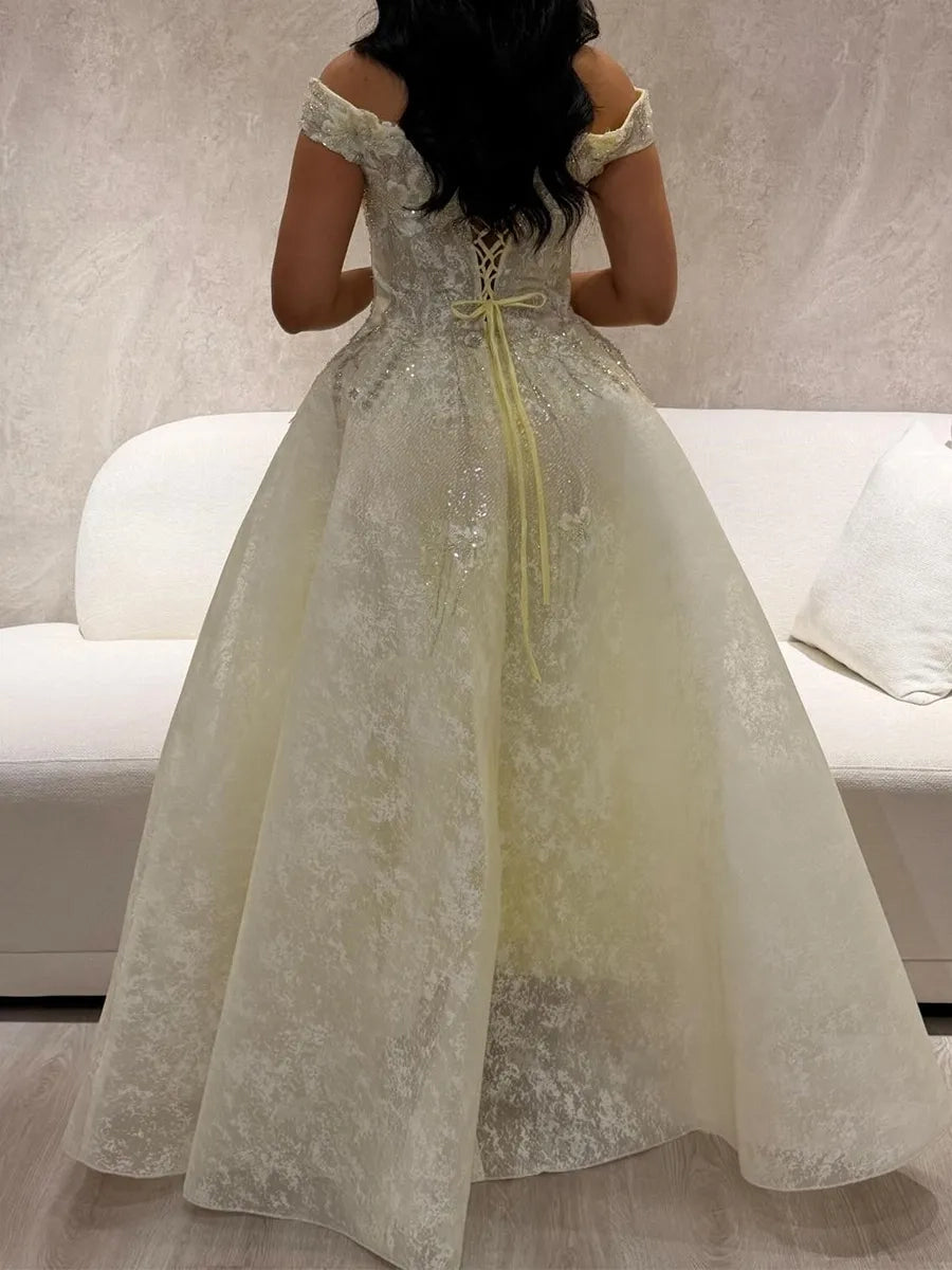 Luxury Ballgown Off Shoulder Short Sleeve Lace Up Back Yellow Long Prom Dress