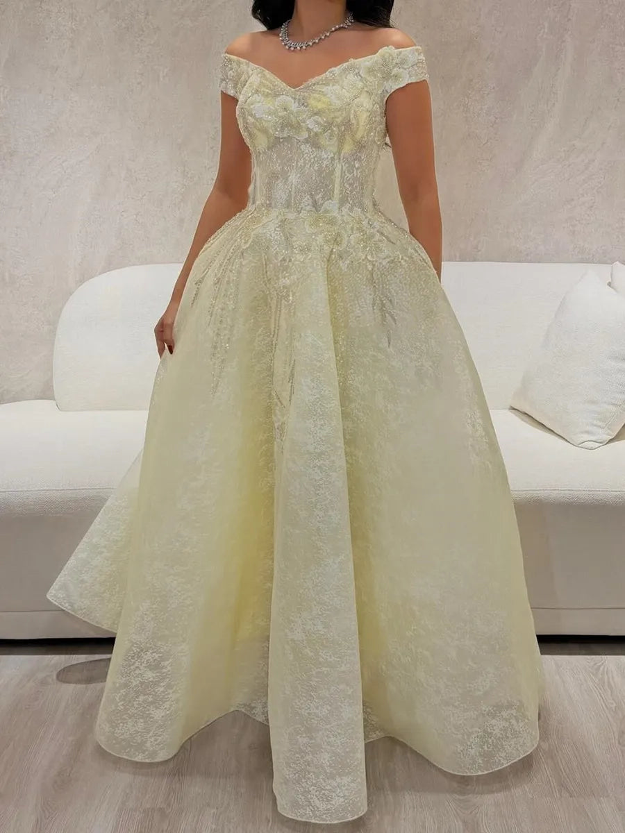 Luxury Ballgown Off Shoulder Short Sleeve Lace Up Back Yellow Long Prom Dress