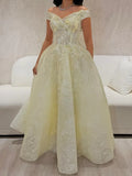 Luxury Ballgown Off Shoulder Short Sleeve Lace Up Back Yellow Long Prom Dress