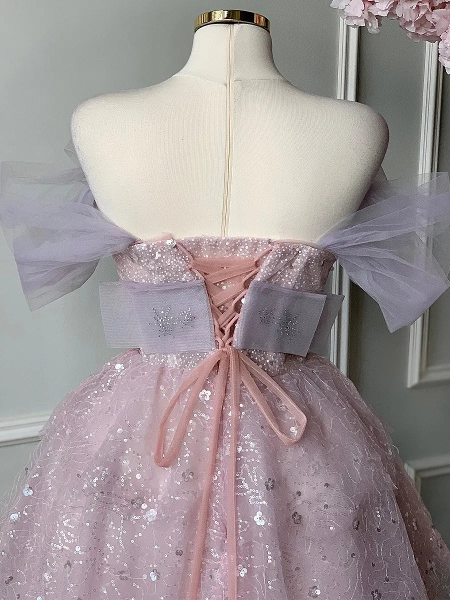 Fairy Ballgown Off Shoulder Puff Sleeve Lace Up Back Pink Long Prom Dress