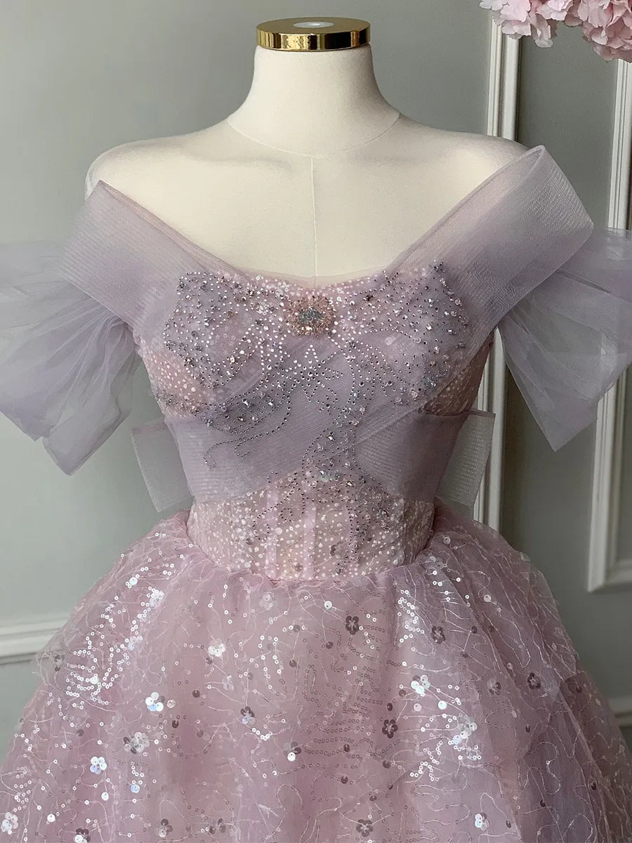 Fairy Ballgown Off Shoulder Puff Sleeve Lace Up Back Pink Long Prom Dress