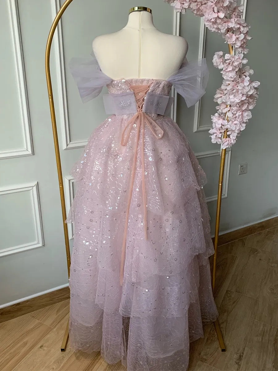 Fairy Ballgown Off Shoulder Puff Sleeve Lace Up Back Pink Long Prom Dress