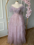Fairy Ballgown Off Shoulder Puff Sleeve Lace Up Back Pink Long Prom Dress