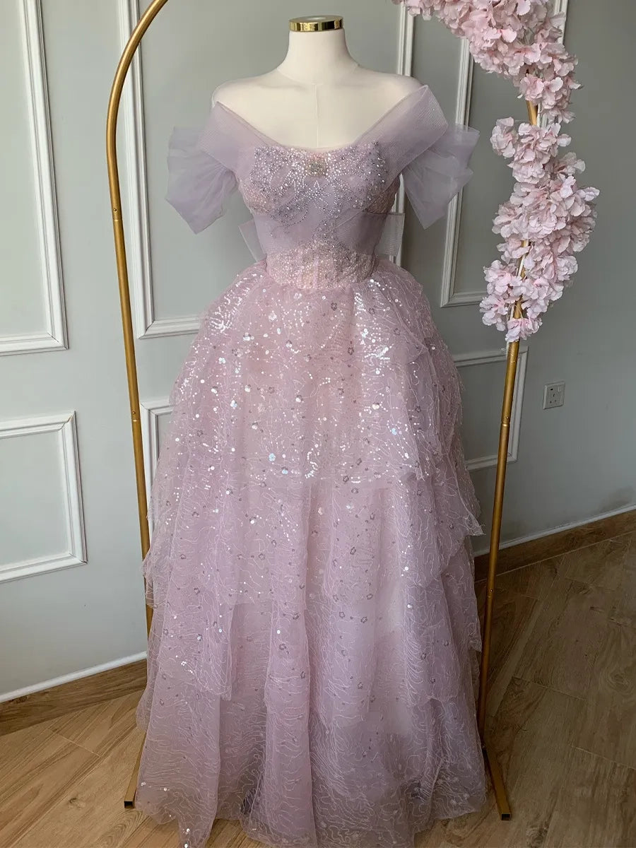 Fairy Ballgown Off Shoulder Puff Sleeve Lace Up Back Pink Long Prom Dress
