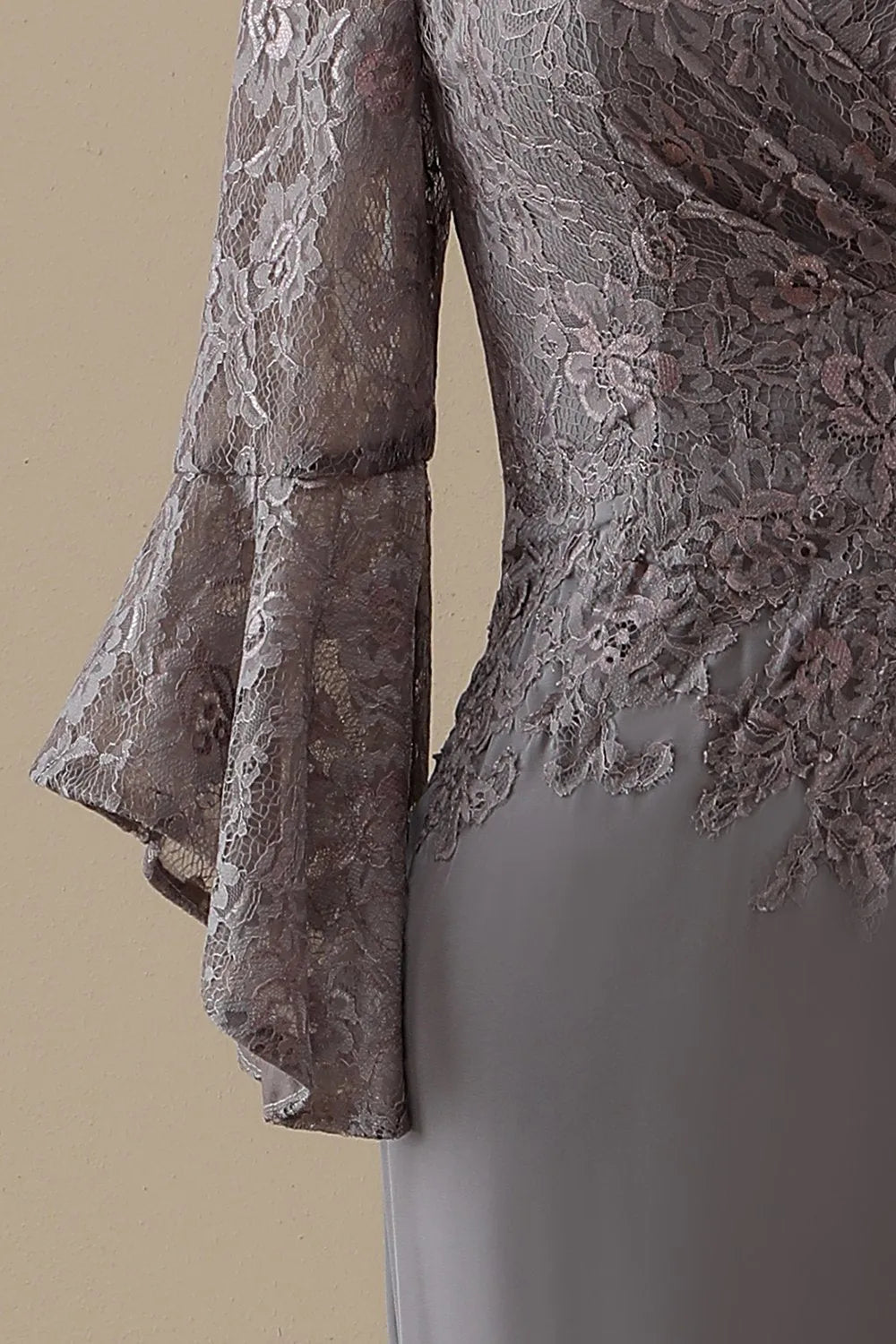 Grey Lace V-Neck Bell Sleeve Sheath Floor-Length Bridesmaid Dress