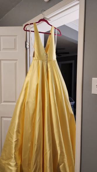 Deep V-Neck Satin Ball Gown Prom Dress with Pockets and Open Back