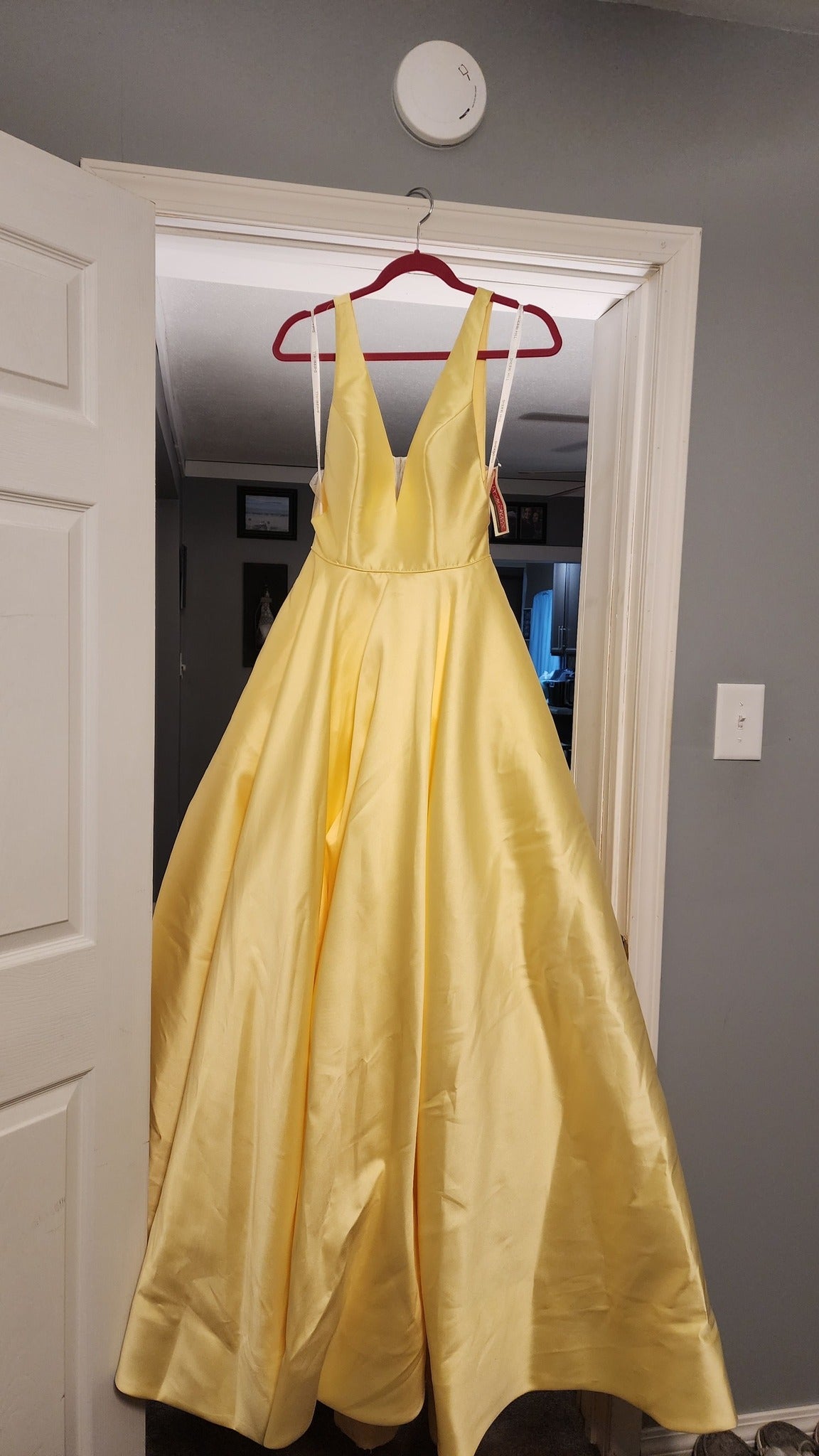 Deep V-Neck Satin Ball Gown Prom Dress with Pockets and Open Back