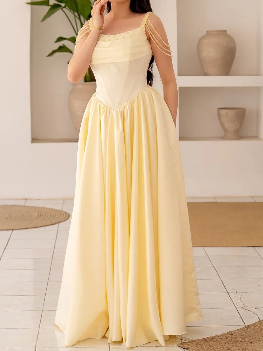 Romantic Ballgown Square Neck Spaghetti Strap Lace Up Back Yellow Long Prom Dress