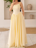 Romantic Ballgown Square Neck Spaghetti Strap Lace Up Back Yellow Long Prom Dress