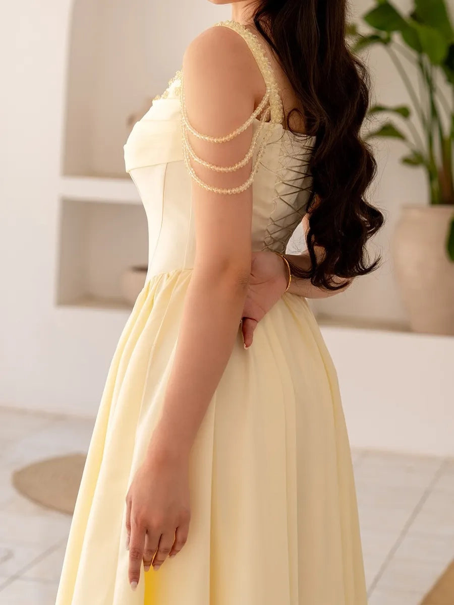 Romantic Ballgown Square Neck Spaghetti Strap Lace Up Back Yellow Long Prom Dress