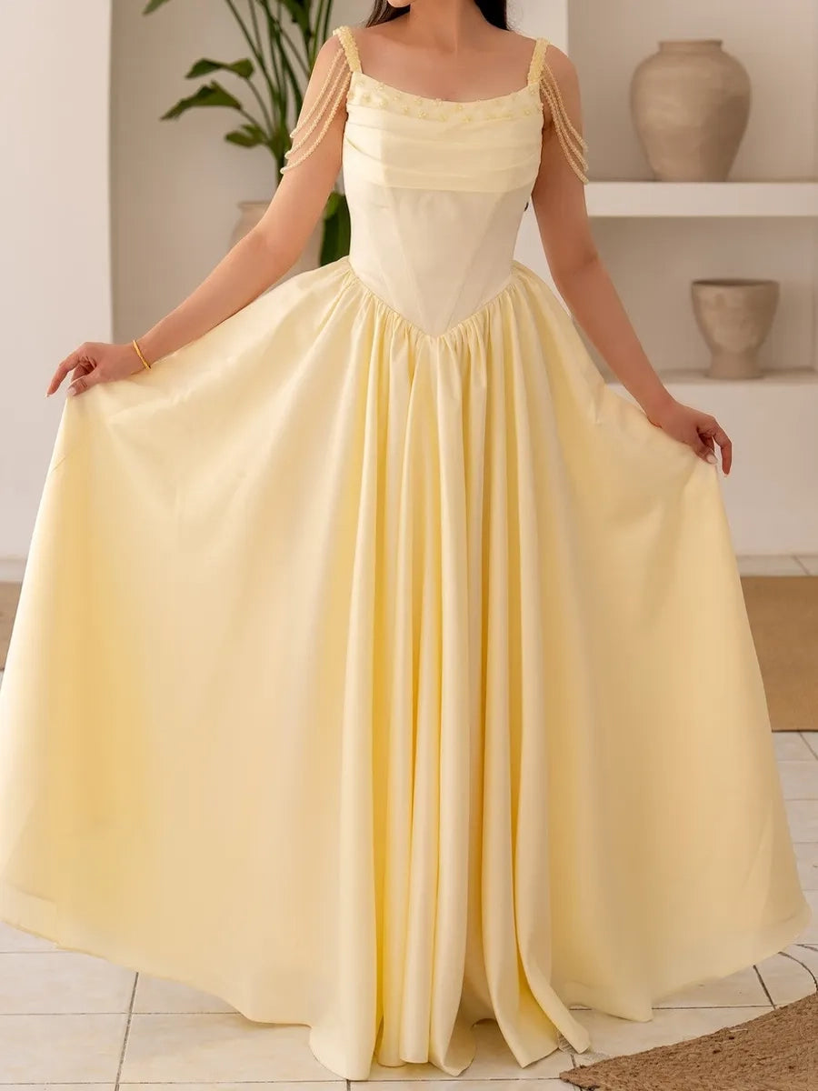 Romantic Ballgown Square Neck Spaghetti Strap Lace Up Back Yellow Long Prom Dress