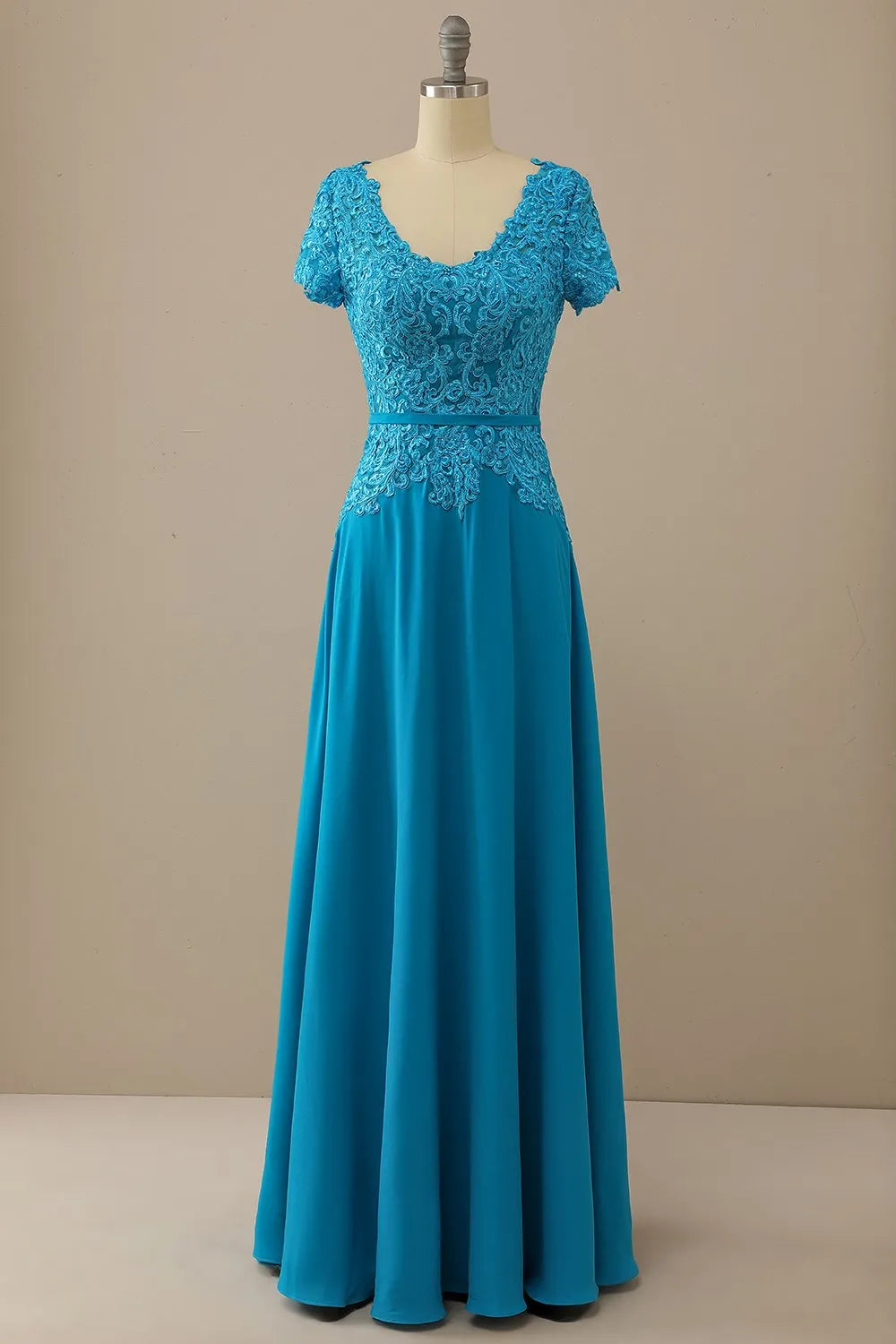 Blue Chiffon A-Line Floor-Length Dress with Lace bodice + Short sleeves