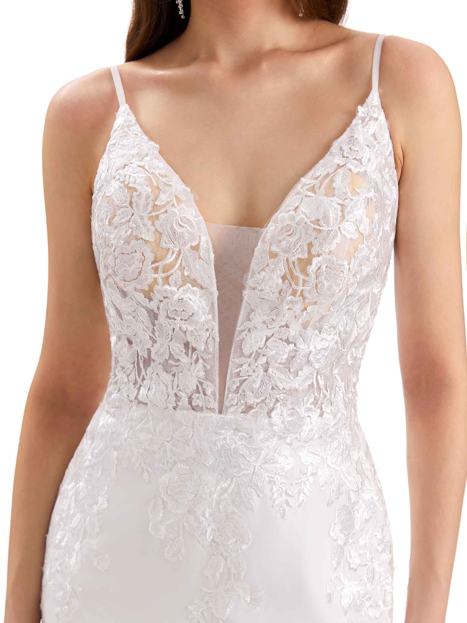 Vestido de novia sexy de sirena con tirantes finos y escote en V, de encaje ultra largo
