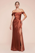 Cinnamon Satin Off-the-Shoulder A-Line Floor-Length Bridesmaid Dress