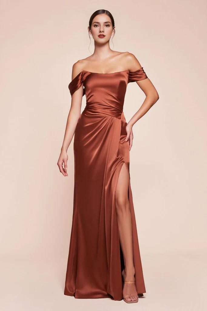 Cinnamon Satin Off-the-Shoulder A-Line Floor-Length Bridesmaid Dress