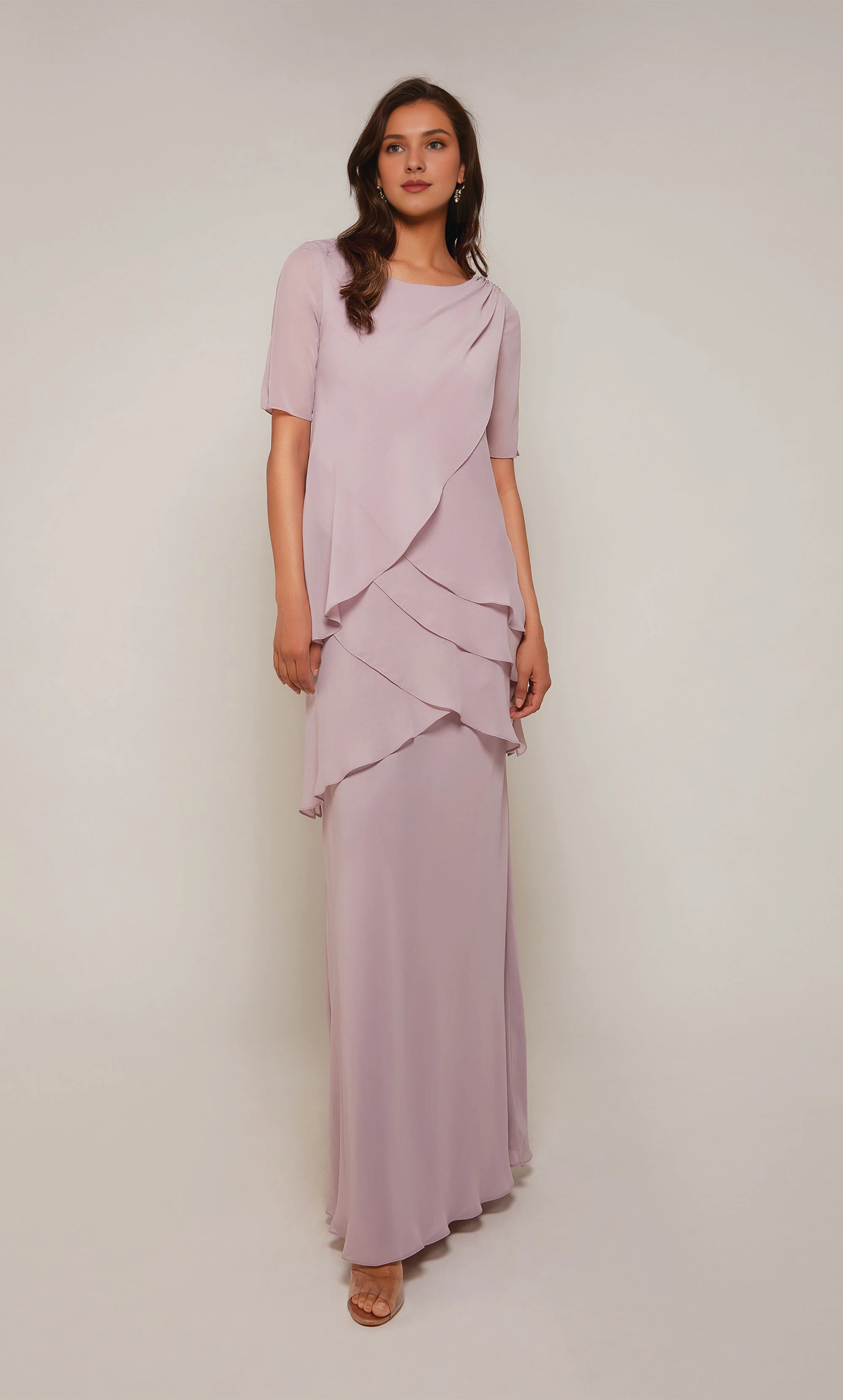 Black Chiffon A-Line Floor-Length Dress with Boat Neck & Draped Bodice