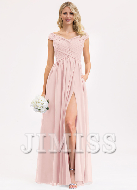 Dusty Blue Chiffon Off-the-Shoulder A-Line Floor-Length Dress with Pleated Bodice, High Slit & Pockets
