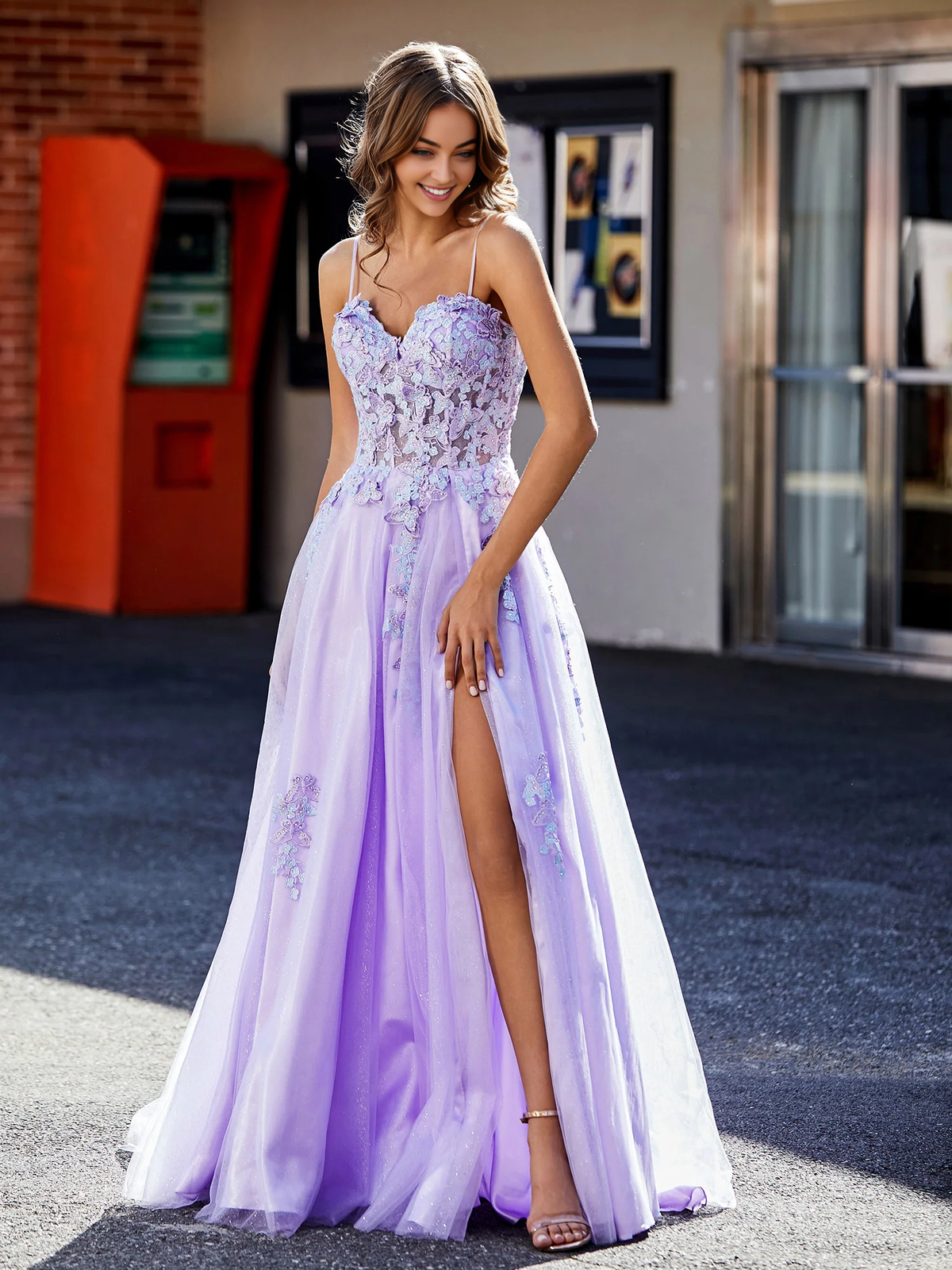 Lavender Tulle A-Line Floor-Length Dress with Sweetheart Neckline, 3D Floral Appliques & High Slit