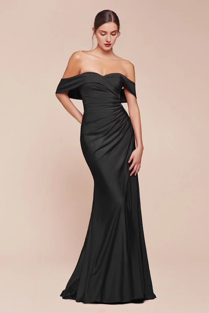 Elegant Slate Blue Satin A-Line Floor-Length Off-the-Shoulder Dress with Draped Bodice and High Slit