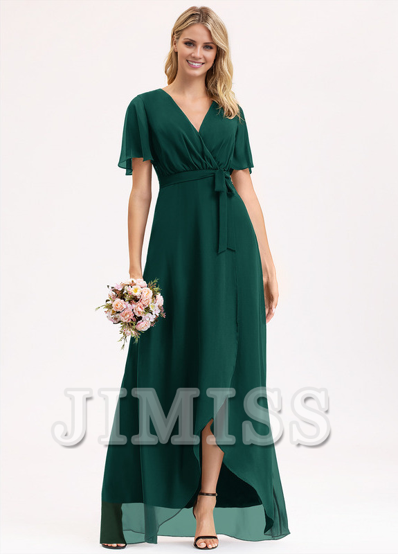 A-line V-neck asymmetric bow pleated chiffon bridesmaid dress