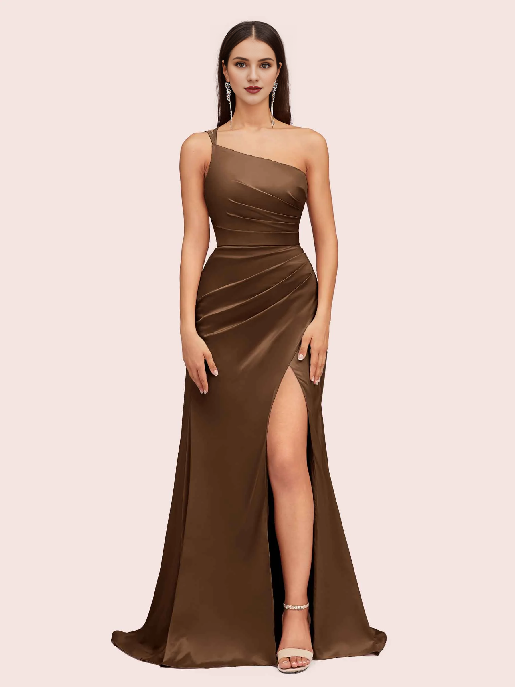 Vestido de dama de honor de un solo hombro, de satén suave, estilo sirena, para invitada de boda con abertura lateral.