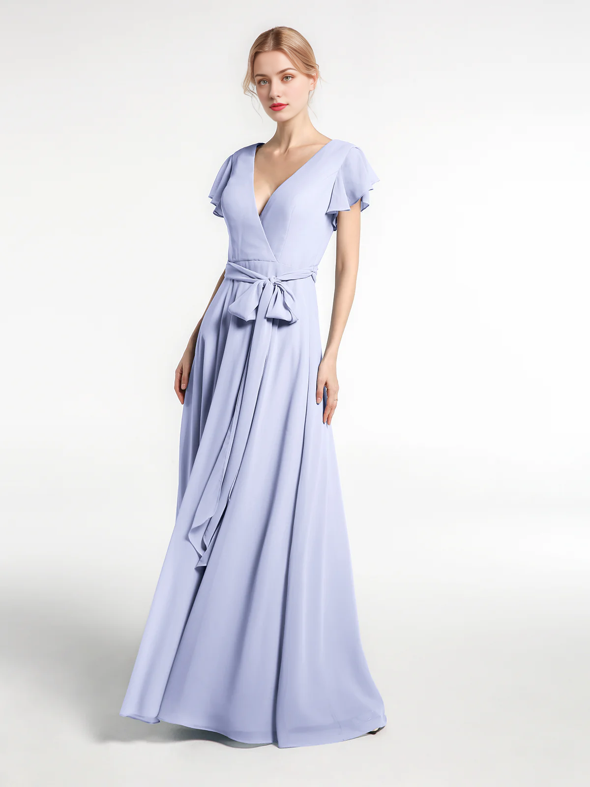 Vestido de gasa con cuello en V, capucha, mangas y lazo