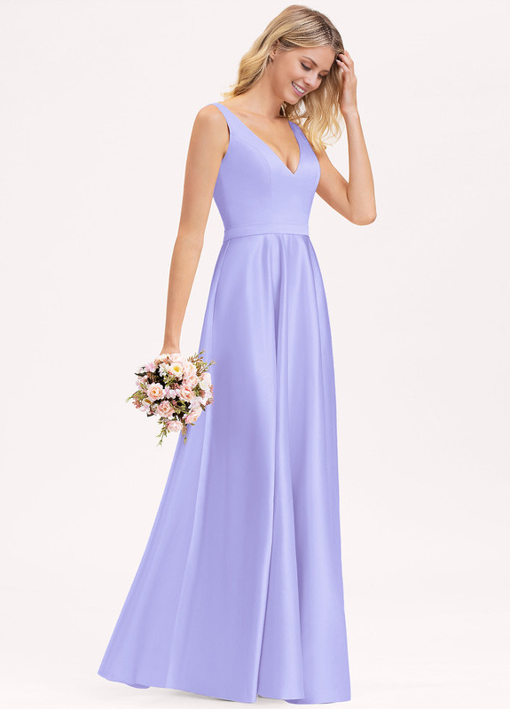 Abito da damigella d'onore in raso lungo fino al pavimento, con scollo a V e linea ad A