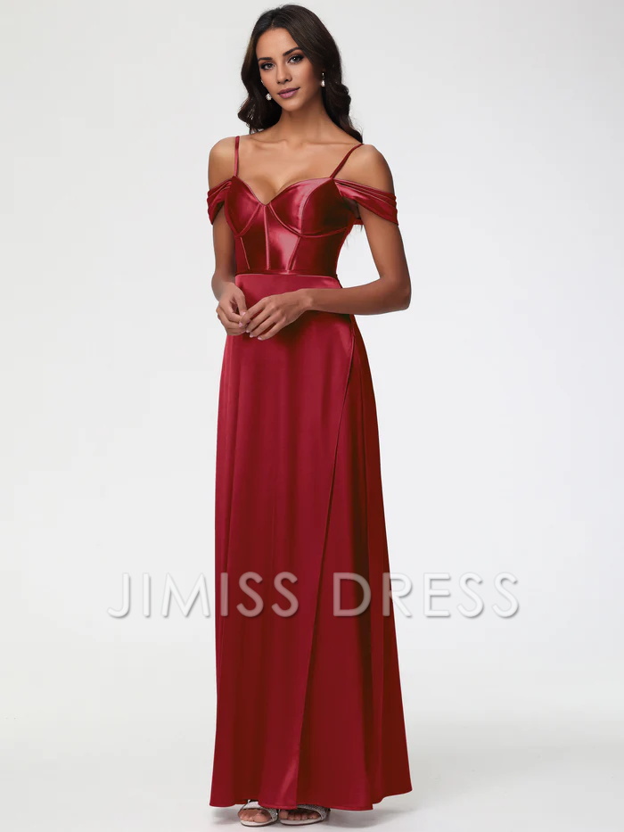 Vestido de fiesta largo de satén con tirantes finos y escote en forma de corazón y hombros descubiertos de Jimiss