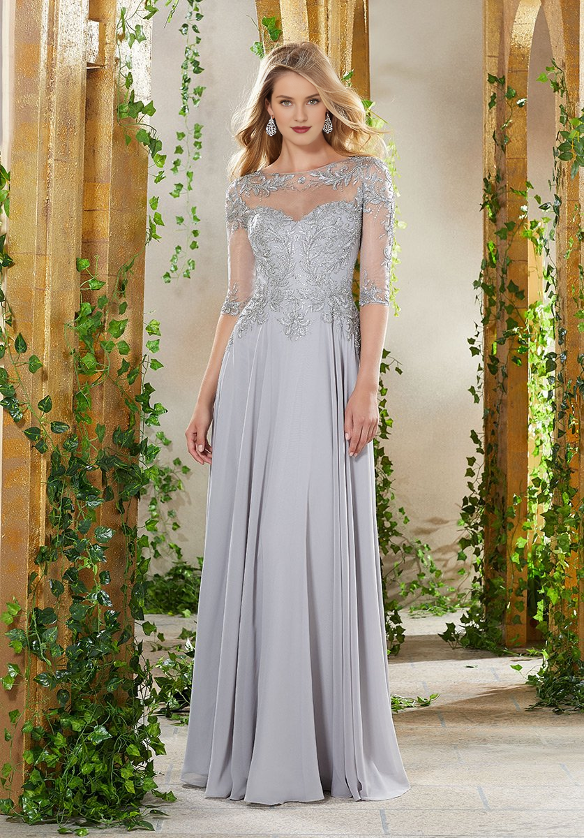 Mocha Chiffon Embroidered Bodice Illusion Sleeves A-Line Floor-Length Evening Dress