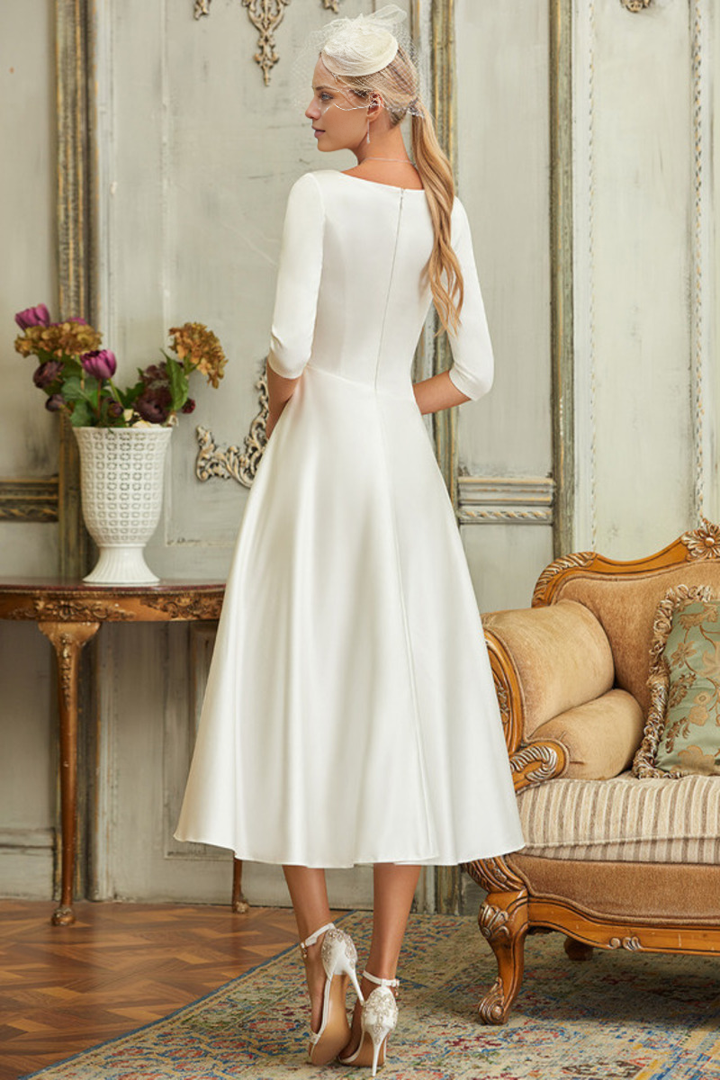 Ivory Satin Tea-Length A-Line V-Neck Dress with Draped Bodice
