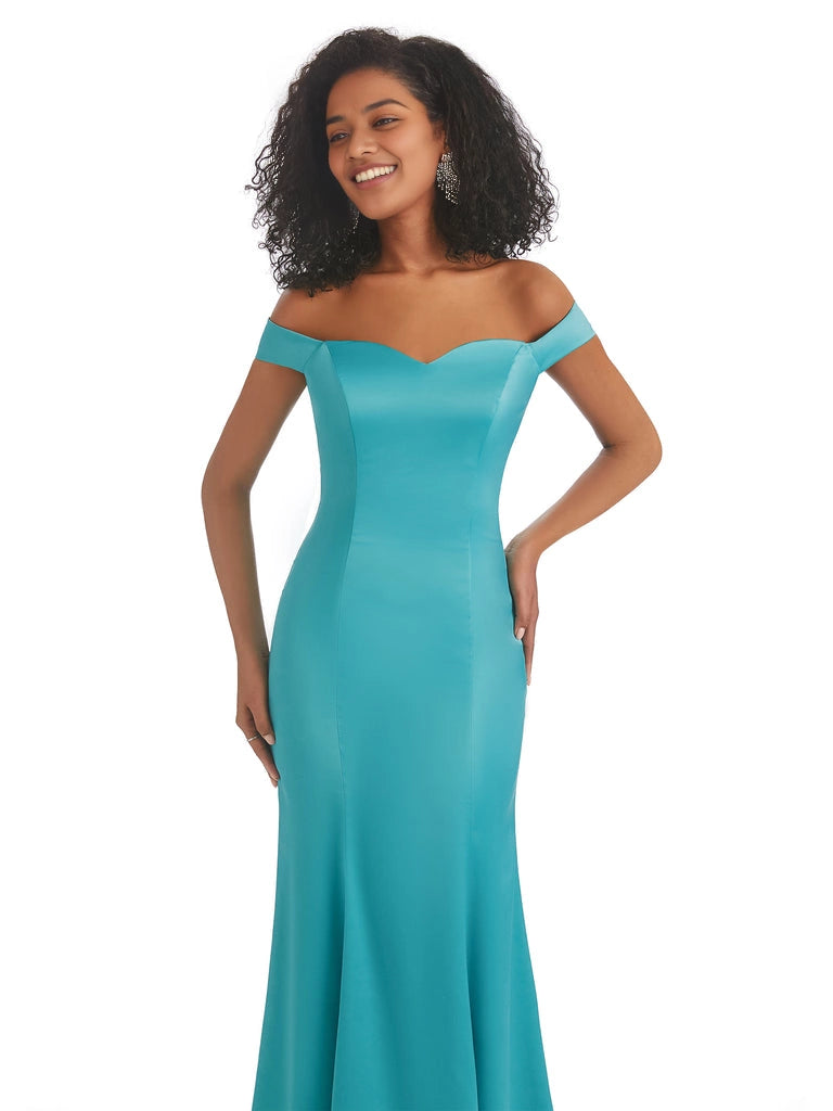 Vestidos de dama de honor largos, sencillos, de satén suave, sin mangas y con hombros descubiertos, de corte sirena