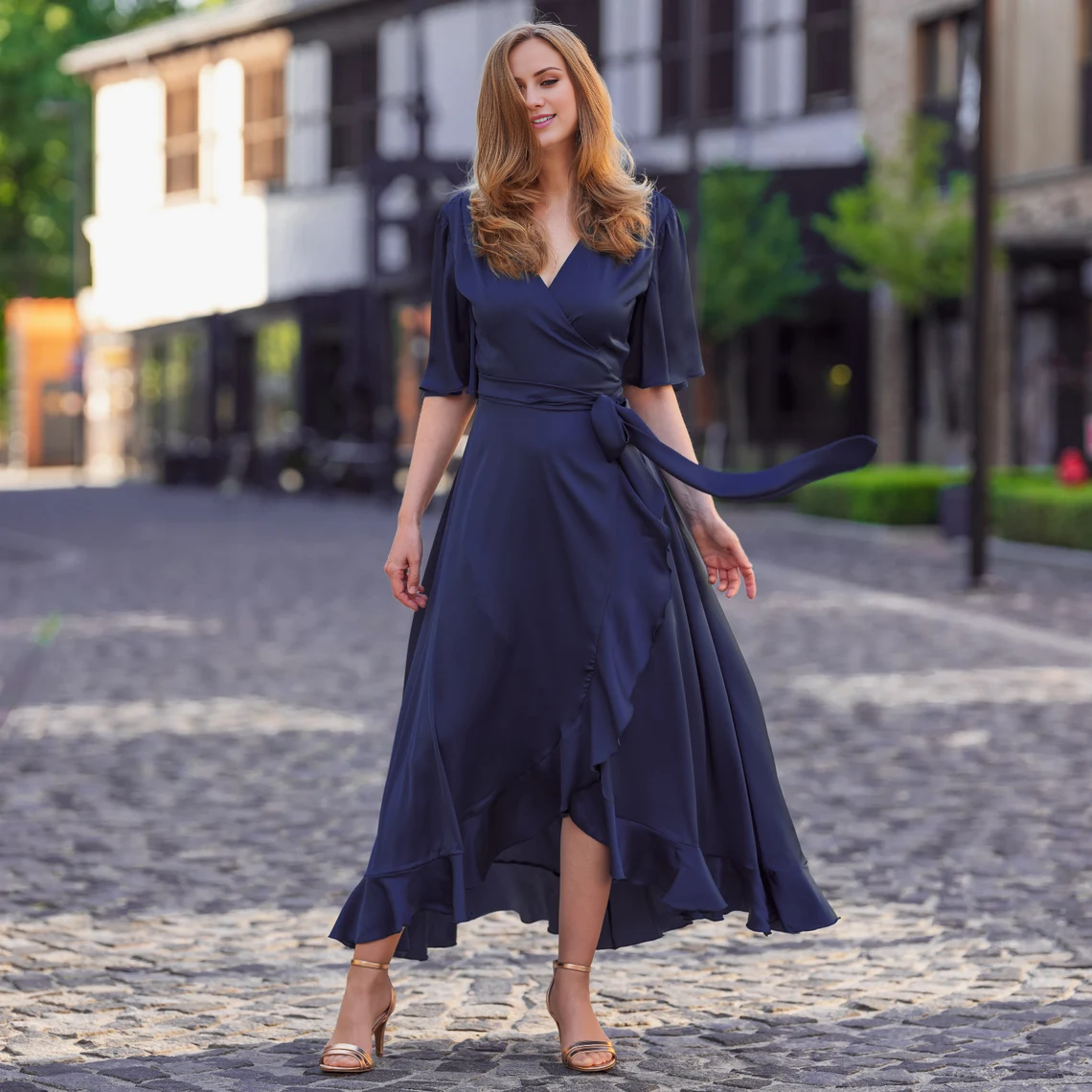 Dark Navy Chiffon A-Line Asymmetrical Dress with V-Neck, Tie Back, and Asymmetrical Ruffled Hem