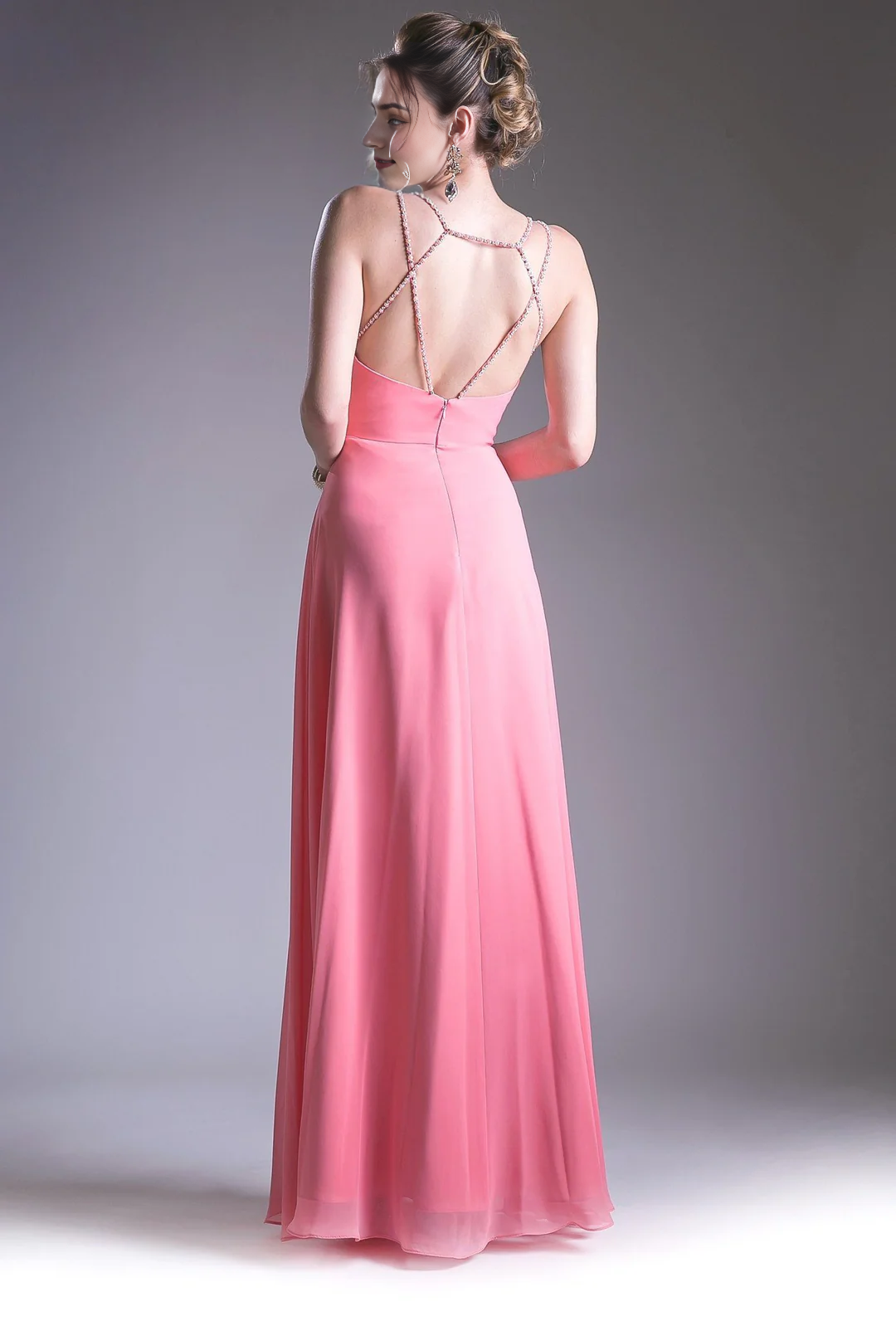 Pink Chiffon A-Line Floor-Length Dress with Ruched Bodice & Embellished V-Neck