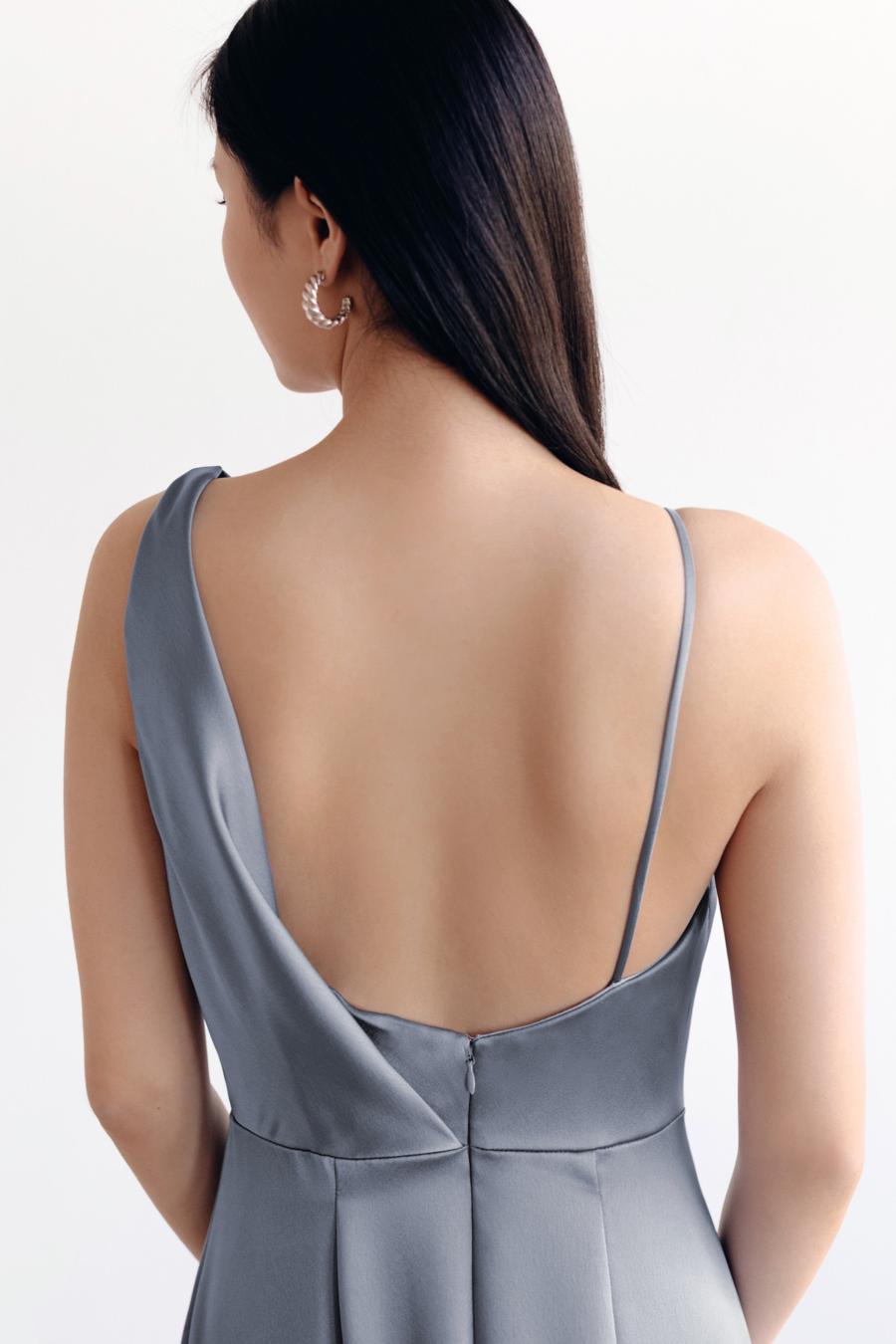 Vestido de noche Jimiss con escote asimétrico, hombros descubiertos, sin mangas, espalda descubierta y largo hasta el suelo