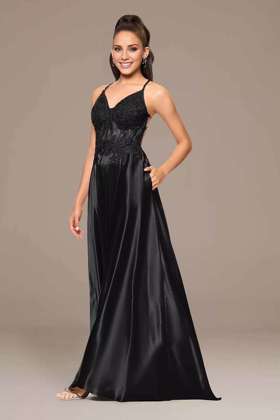 Black Satin A-Line Floor-Length Evening Dress with Lace Applique Bodice